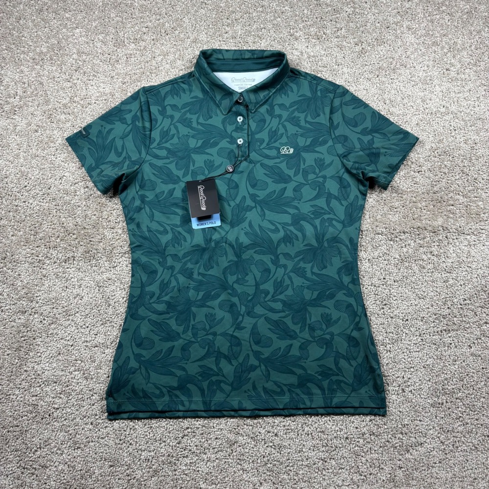 Good Good Golf Womens Enchant Polo Shirt Green Floral Leaf Print Small NWT NEW